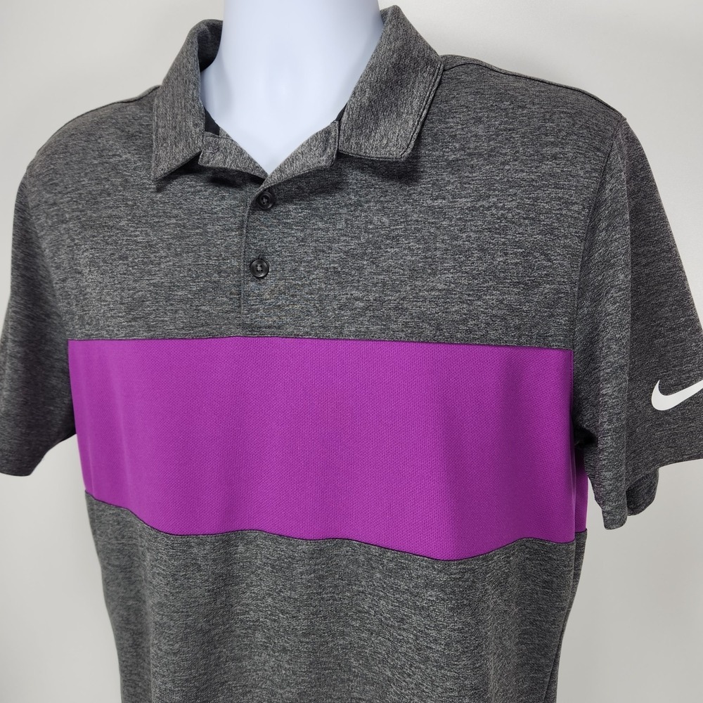 Nike Golf Polo Performance Shirt Mens L Gray Purple Block Dri-Fit Swoosh